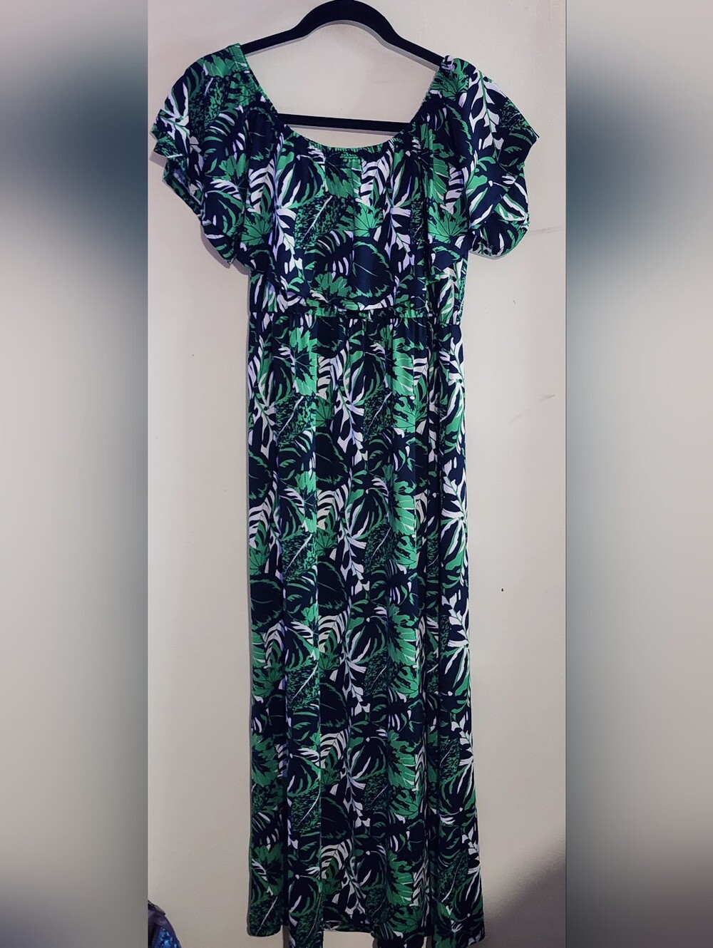 Green Tropical Print Women's Off The Shoulder Maxi Dress